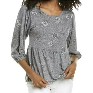 Bobeau Gray Floral 3/4 Sleeve Peplum Top Womens Small